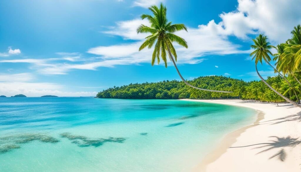 Tropical beach with white sand, turquoise water, and palm trees